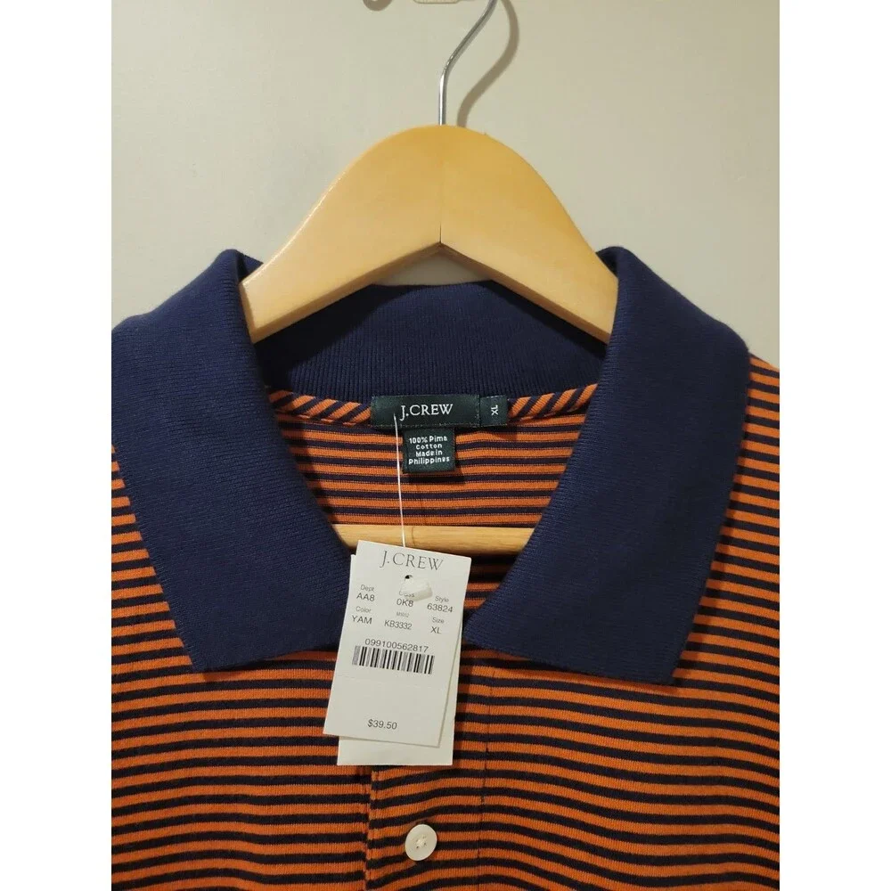 NWT J. Crew Men’s Striped Polo Shirt Size XL Yam Orange/Navy Classic Preppy Golf